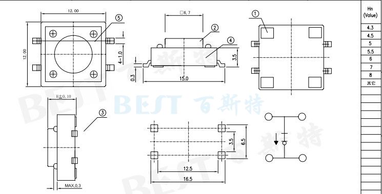 轻触开关TS-1103W参考图纸