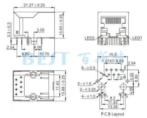  RJ45插座5921S-LED 8P8C参考图纸